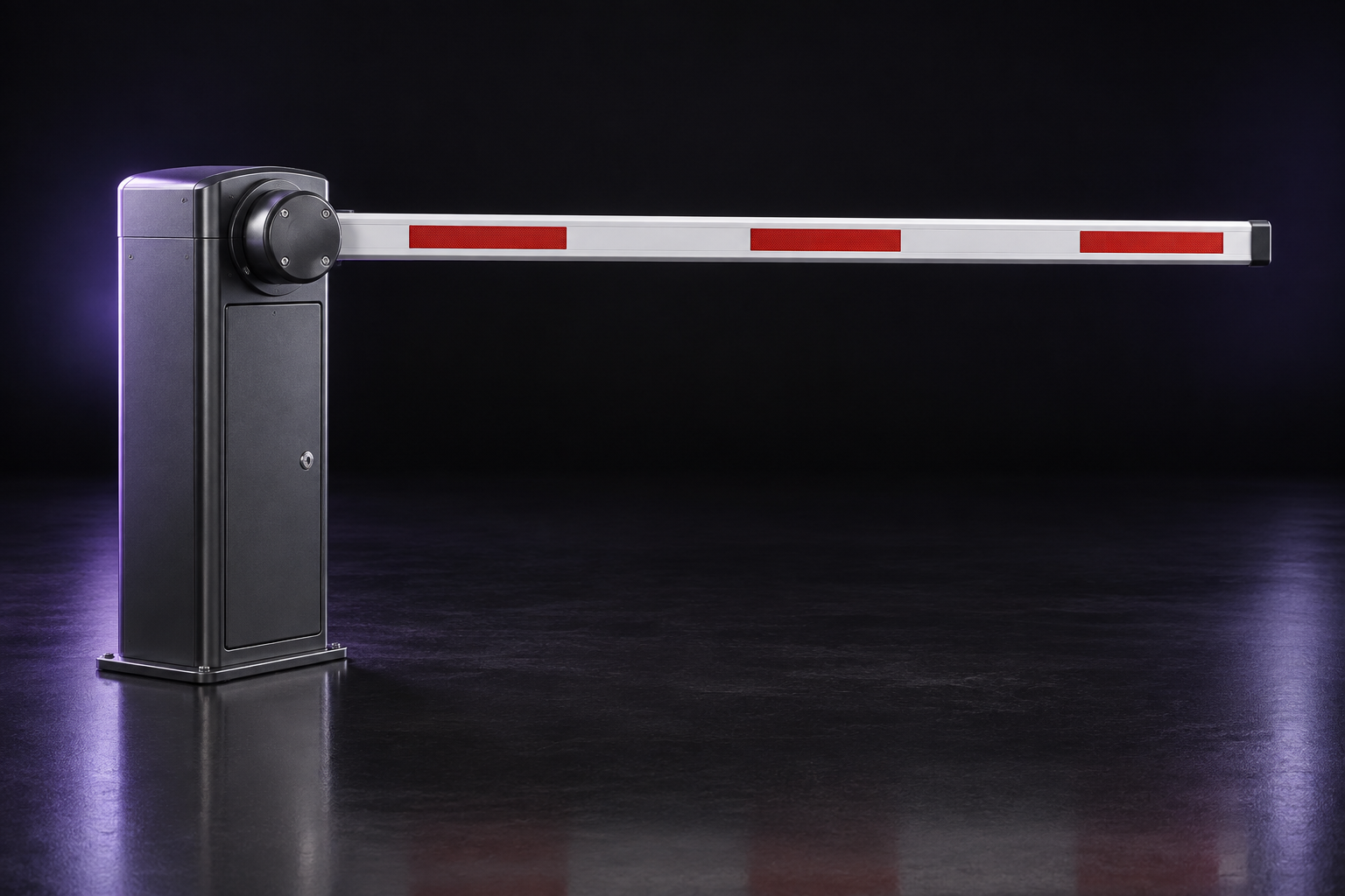 Imagen ilustrativa de una barrera automática de gabinete oscuro y brazo blanco con franjas rojas